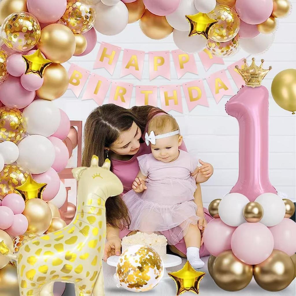 1St Birthday Decoration Girl Boy Pink Gold White Balloon Wreath Set With Gold Confetti Balloons