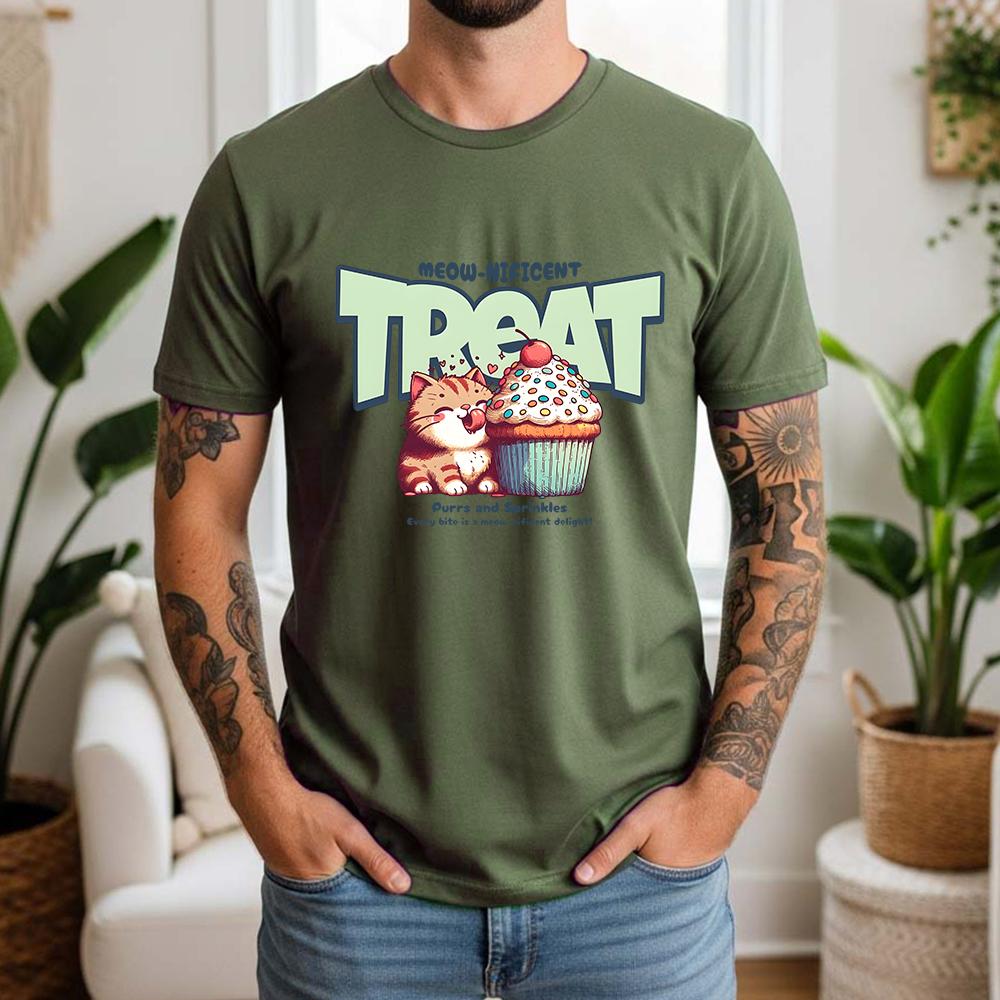 New Summer Unisexs 100 Cotton TShirt Retro Cat With Cupcake Casual Breathable Short Sleeve Daily Wear