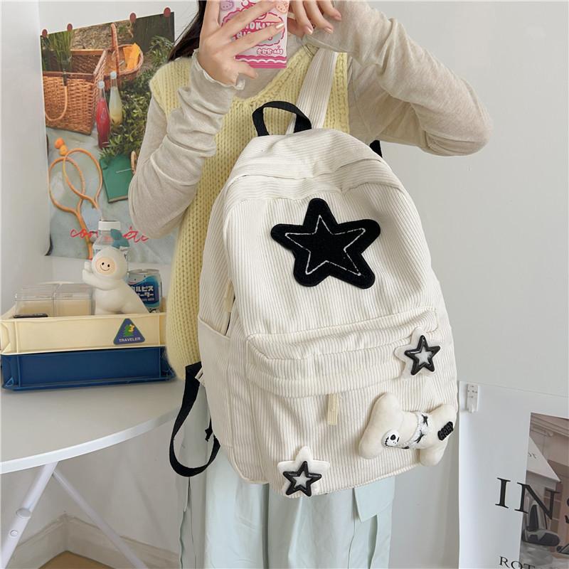Schoolbag Star Original School Bag Female Japanese ins Corduroy Y1K Large Capacity College Wind Backpack High School Student Backpack