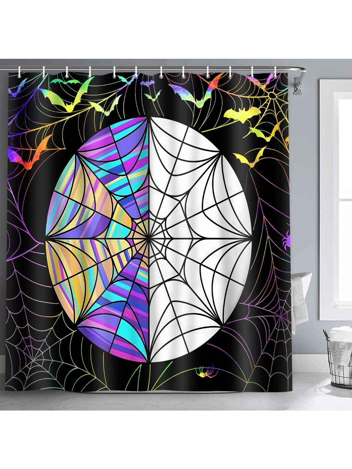 

Spider Web Shower Curtains Halloween Gothic Art Stained Glazed Tile Spooky Wednesday Stained Glass Window Pattern Art Decor Set W60H190(CM)-1 Pcs