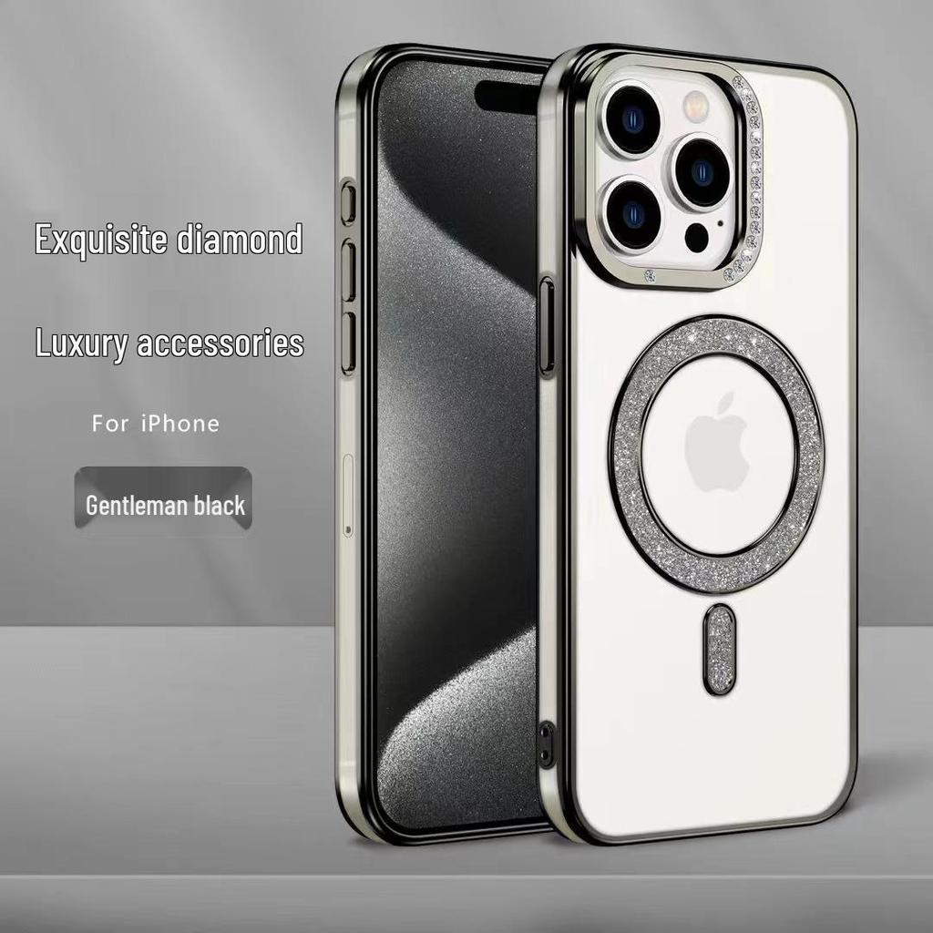 Glitter Magnetic Rhinestone Phone Case for iPhone 17 & 16Pro - Transparent, Drop-proof Protective Cover