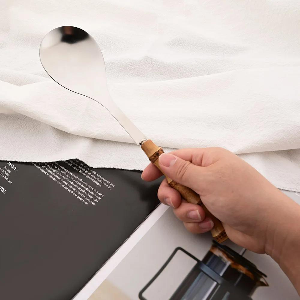 2/4Pcs Long Handle Serving Spoon Fork Bamboo Wooden Handle Salad Spork Kitchen Stainless Steel Tableware Cutlery Dinnerware Set