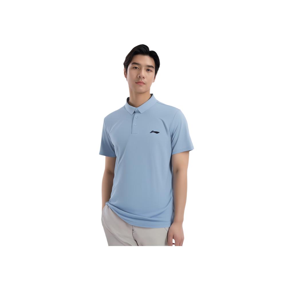 Li Ning Breathable Solid Color Logo Short Sleeve Polo Shirt Men tops Cyan-Gray-Blue APLV039-8