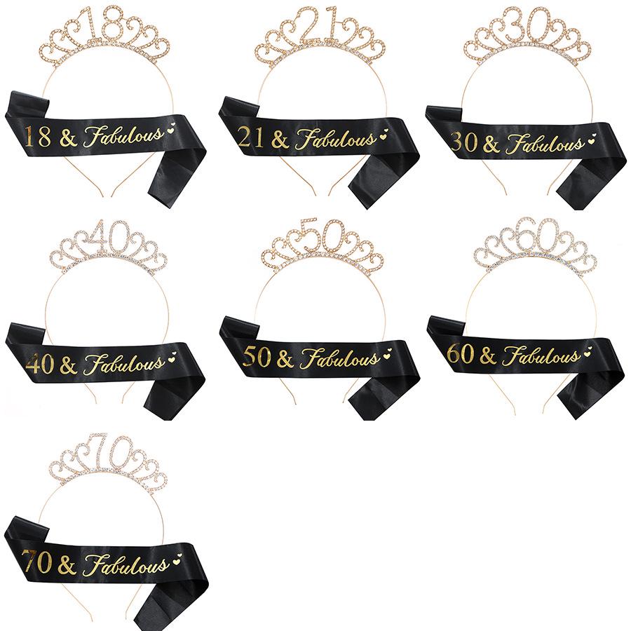 Birthday Number Crown, Headband, and Sash Set for Women: Ages 18, 21, 30, 40, 50, 60, 70