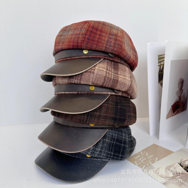 British Retro Literary and Artistic Plaid Newsboy Hat Women's Autumn and Winter Casual Versatile Octagonal Hat Fashion Show Face Small Painter Hat