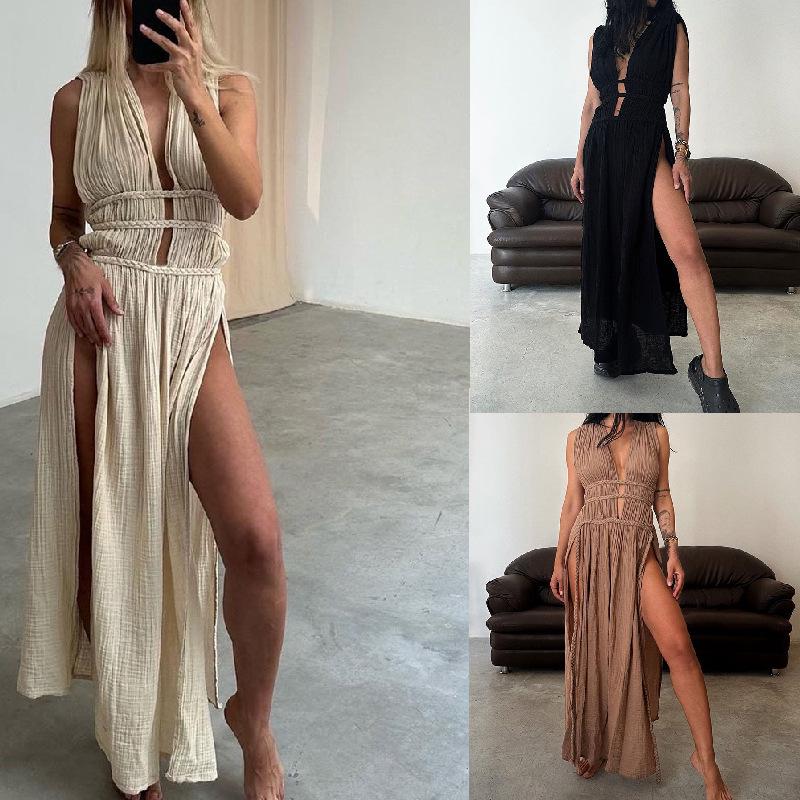 Bohemian Linen Sleeveless Braided Belt Slit Maxi Dress