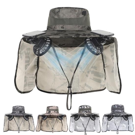 

Сонячна шапка з вентилятором та клапаном на шиї UPF 50+ захист від ультрафіолету з 2 сонячними вентиляторами, дихаюча, для чоловіків, літніх заходів на свіжому повітрі, риболовлі, широких козирів, кепки