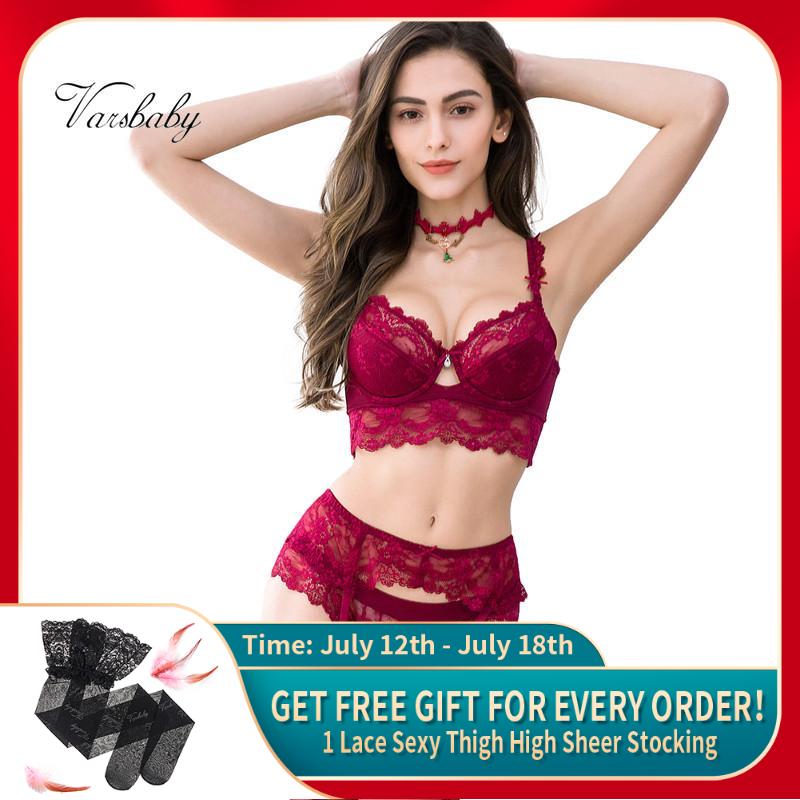 Underwear Varsbaby Sexy Transparent Bra Sets Bra+Panties+Garters+Stockings