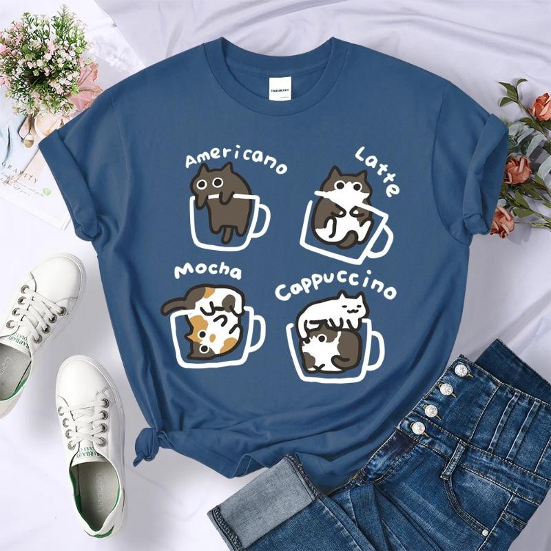 

Футболки с принтом Cat Coffee Art Letter, женские дышащие футболки с круглым вырезом, свободные, с коротким рукавом, мягкая уличная повседневная одежда, женские футболки, женские XXL