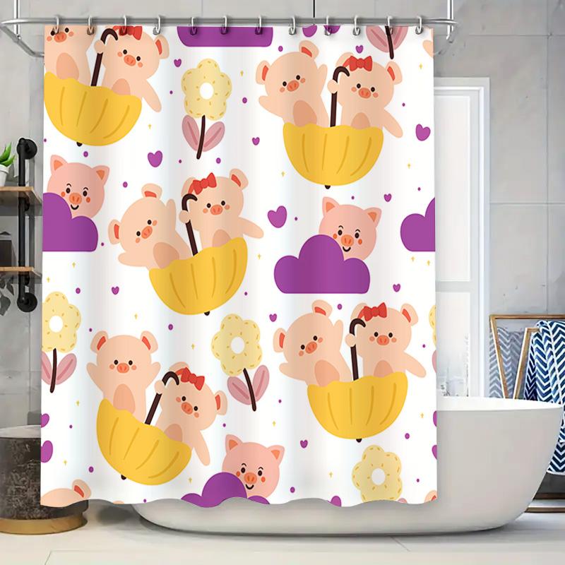 

Pink Pig Bear Umbrella Shower Curtain Set For Bathroom Decor Kids Cartoon Print Wall Hanging Waterproof Fabric 3D Printed Home D W60H190(CM)-1 Pcs