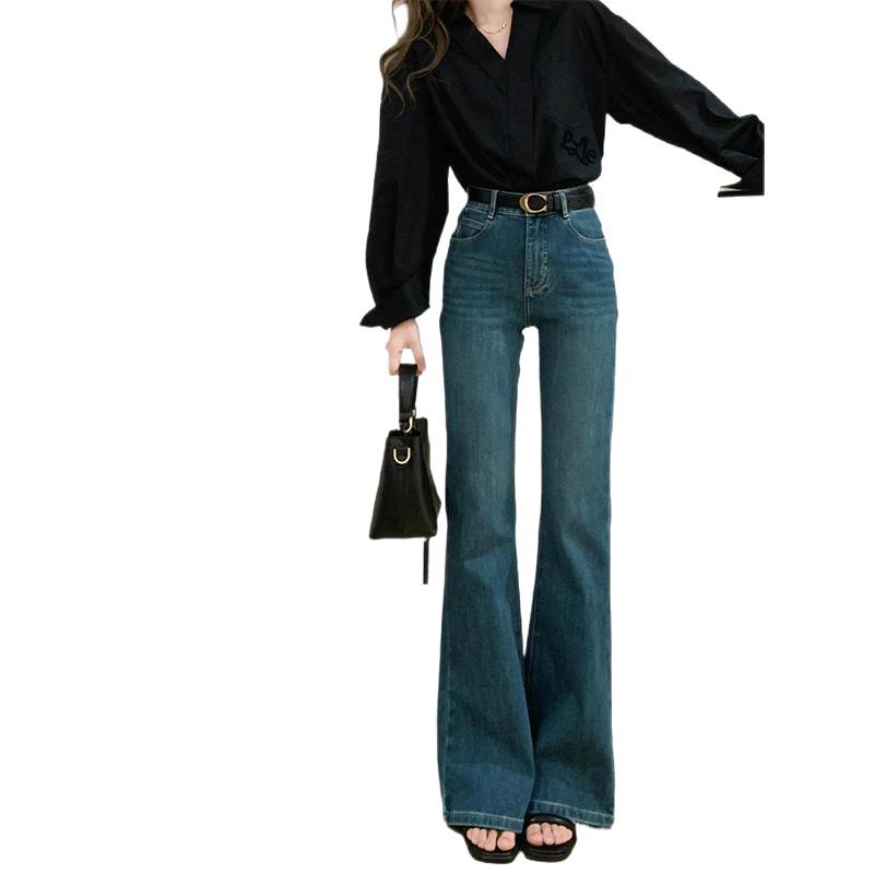 Hong Kong Retro High-Waisted Skinny Flare Jeans - Women's Spring Elastic Fit Straight Legs
