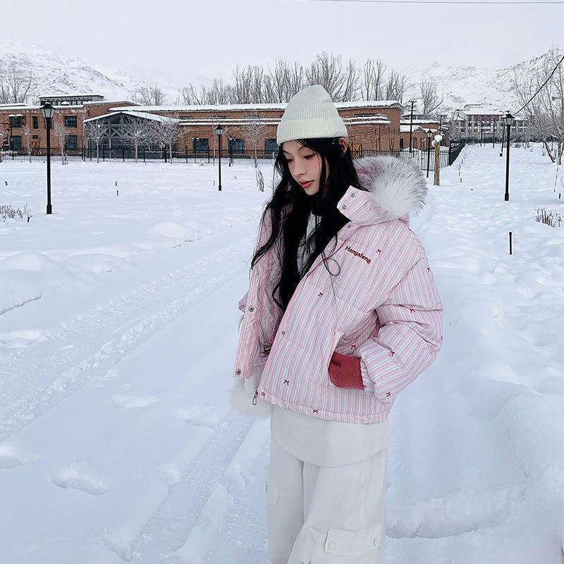 Y2K Womens Winter Clothes Warm Trench Coat Bow Fashion Simple Stripe Plush Sportswear Retro Sweet Loose Short Jacket