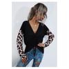 V-neck Color Blocked Leopard Print Long Sleeved T-shirt for Women Casual Top Drawstring Design Commuter Pullover Base Shirt Autumn