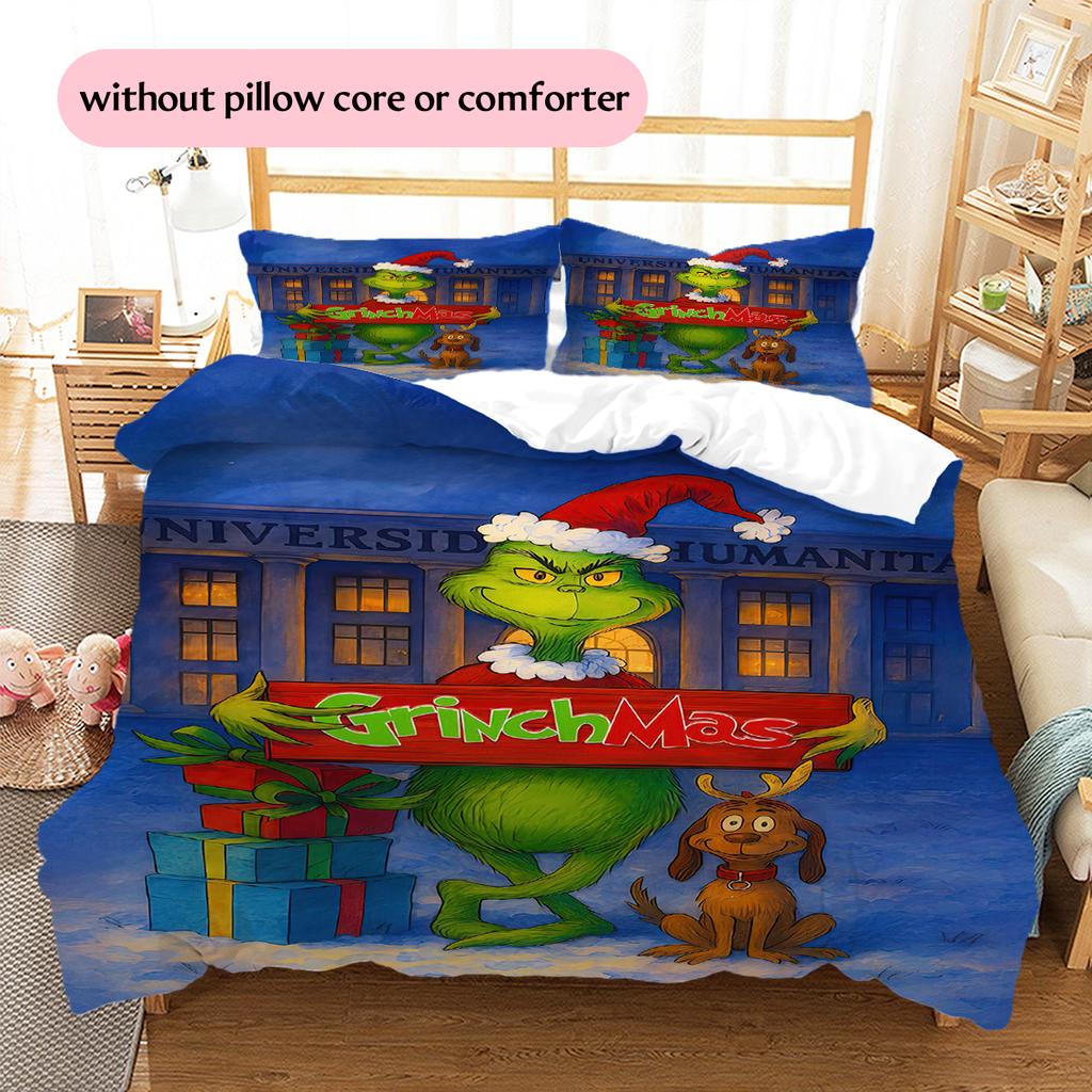 1 Stück Grinch-Muster Bettwäsche Steppdecke Set Bettbezug Kissenbezug Heimdekoration Geburtstagsgeschenk (1 Bettbezug + 2 Kissenbezüge, ohne Füllung)