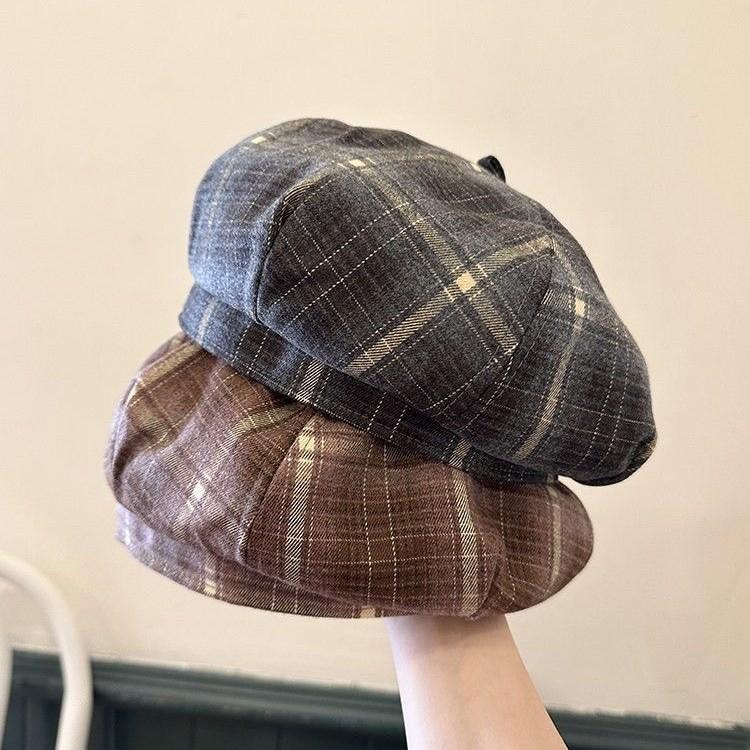 New Korean Dopamine Color Plaid Beret Women's Autumn Sweet British Painter's Hat Plaid Octagonal Hat