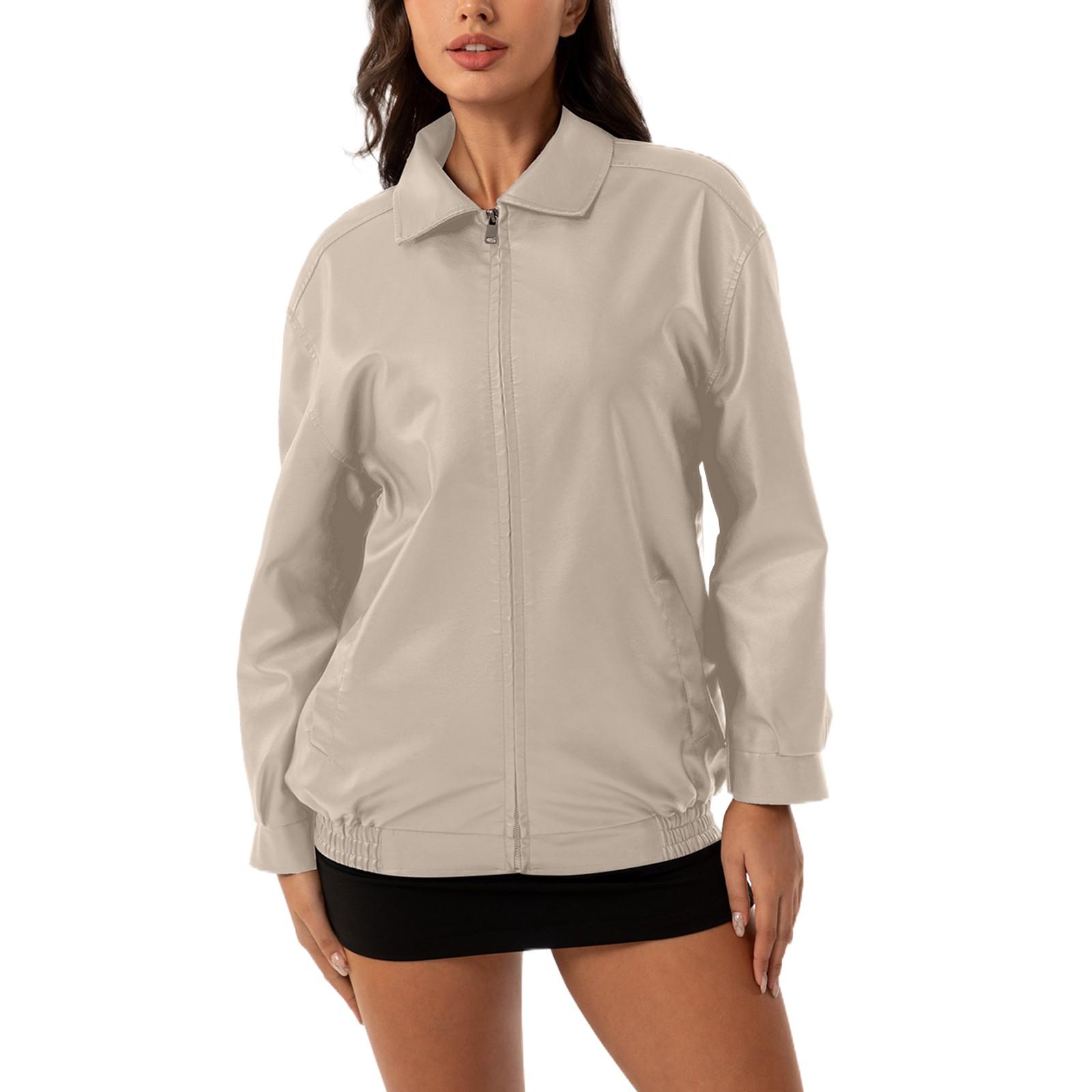 

Женская модная свободная кожаная куртка однотонная с длинными рукавами и лацканами L бежевый