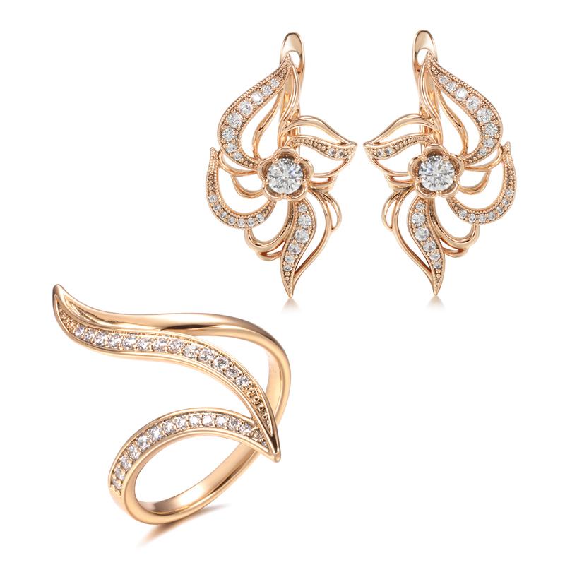 

Fine Hyperbole Curve Ring Earrings Sets For Women Fashion Rose Gold Jewelry Sets Unique Natural Zircon Earrings Ring 7