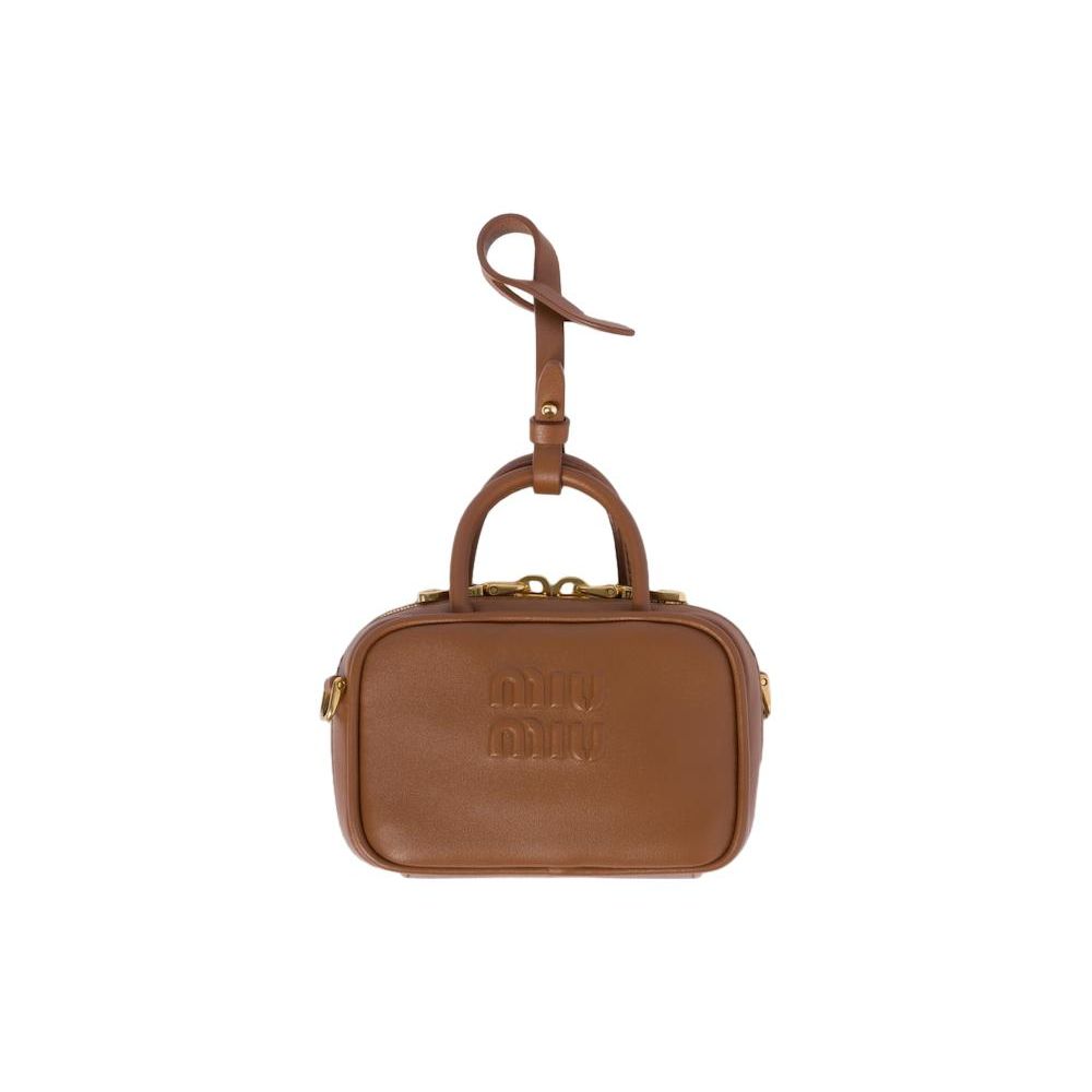 Miu Miu Ge&iuml;mbosseerd Letterlogo Afneembare Verstelbare Schouderband Leer Mini Crossbody Tas Dames tassen Cognac 5NR020-2F8W-F0046 Basic Set (Bag+Dust Bag)