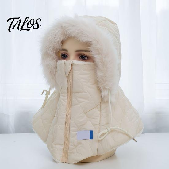Cold Weather Gear for Women Winter Balaclava Hat, Quilted Face Mask Hood Zipper Closure, Fuzzy Trim, Thermal Neck Warmer Fleece Lined, Warm Windproof