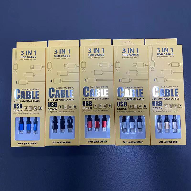 Nylon Braided 3-in-1 Data Cable: Multi-Head, 2A Fast Charging for Mobile Devices