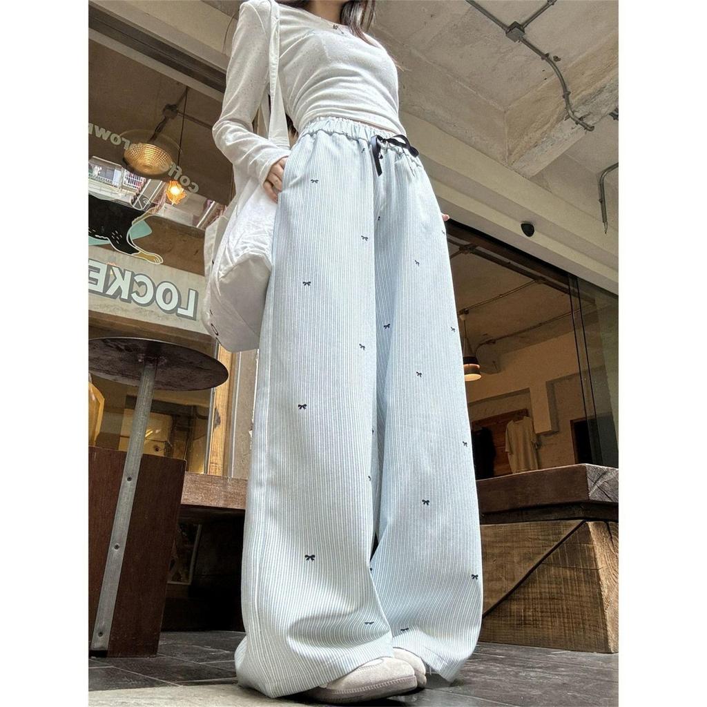 Korean Blue Striped Wide-Leg Women's Pants - Spring/Summer 2026 New Design Long Casual Pants