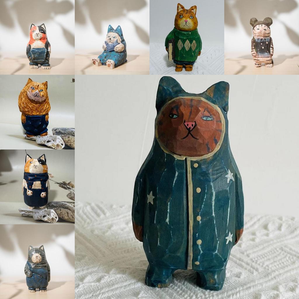 Wooden Cat Sculpture Creative Home Office Desk Ornament For Gifts And Decor
