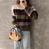 Color striped pullover sweater women's autumn and winter new lazy wind loose outer wear thickened knitted sweater top