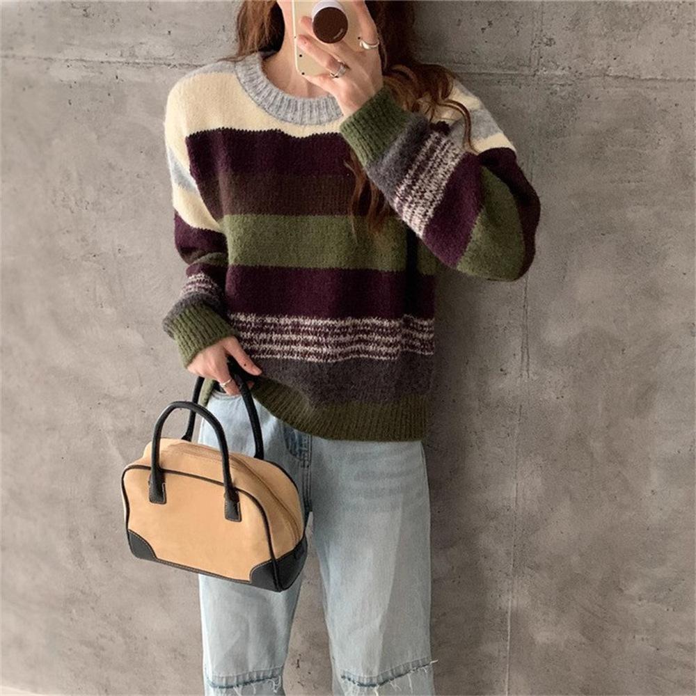 Color striped pullover sweater women's autumn and winter new lazy wind loose outer wear thickened knitted sweater top