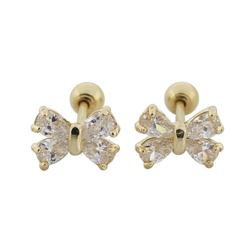 925 Sterling Silver Plating 14K Gold Zircon Bow Screws Earrings for Women Korean Exquisite Jewelry Birthday Gift