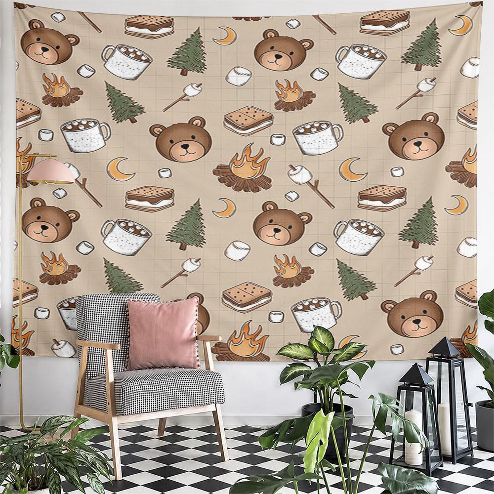 Camping Bears and Marshmallows Pattern Pattern Wall Hanging Tapestry Decorative Tapestry Home Decor for Bedroom and Living Room