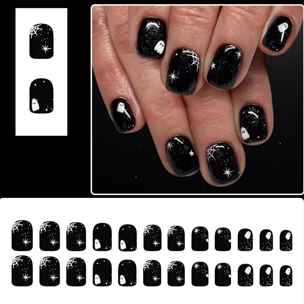 24 Buc. Unghii False Scurte Pătrate Pânză de Păianjen Presă pe Unghii Halloween Unghii Acrilice Lucioase Acoperire Completă Adeziv pe Unghii pentru Femei