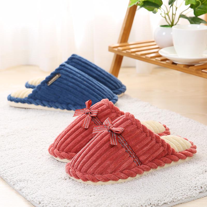 Unisex Non-slip Plush Corduroy Slippers with Bow, Warm Cotton Fleece Lining for Autumn and Winter