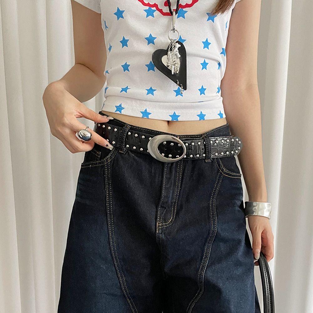 Y2k Women's Rivet Belt Gothic Dress Jeans Belt Niche Leather Waist Belt  Streetwear