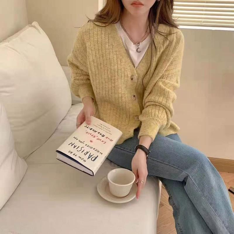 Autumn Winter Fashion V Neck Cardigan Women Sweater New Elegant Loose Retro Knitted Jacket Versatile Solid Casual Office Gentle Simple Coats Clothing
