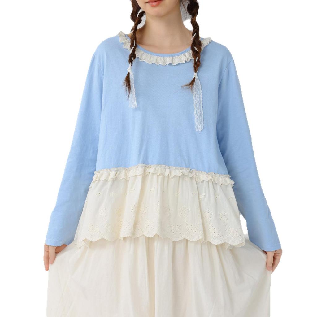 Spring Japanese Literary Lace Collar Knit T-shirt: Loose Embroidered Pure Cotton Layered Top for Women