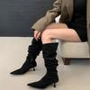 Pointed high-heeled over-the-knee boots women's 2025 new autumn French khaki fine-heeled pleated stacked boots knight boots