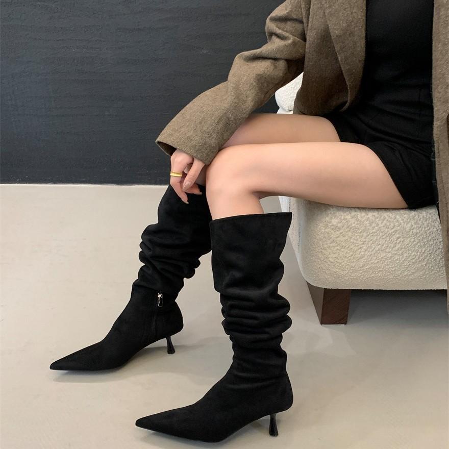 Pointed high-heeled over-the-knee boots women's 2025 new autumn French khaki fine-heeled pleated stacked boots knight boots