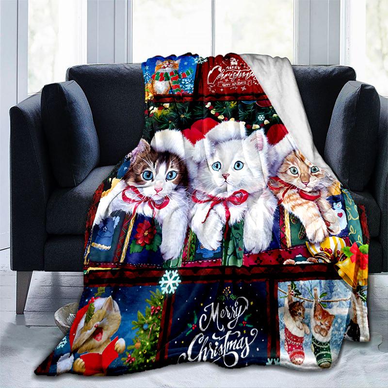 Cozy Christmas Cat Santa Fleece Throw Soft Lightweight Flannel Blanket with Digital Print for Sofa Bed Travel Camping, Gift