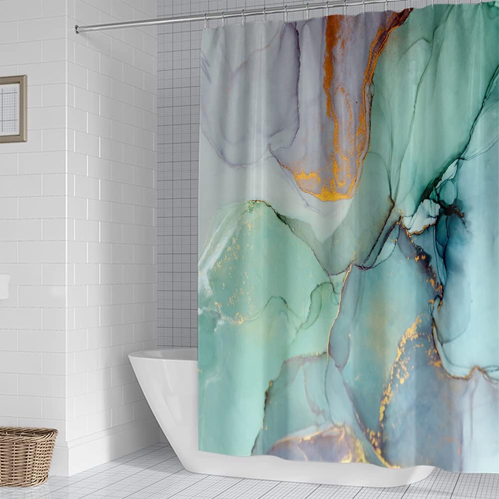 1 Piece Bathroom Decor Set, Marble Green Shower Curtain With Hooks, Watercolor And Abstract Ink Blue And Green