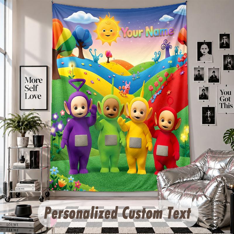 Wall Hanging Tapestry With Custom Name & Text, Teletubbies Decorative Tapestry For Bedroom