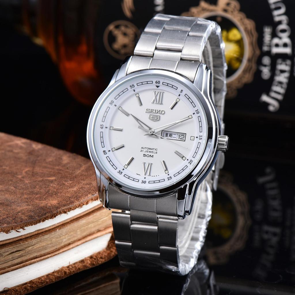 SEIKO 5 Men Automatic Mechanical Watch Black Dial Stainless Steel Band Week Date 50M Waterproof Business Wristwatch