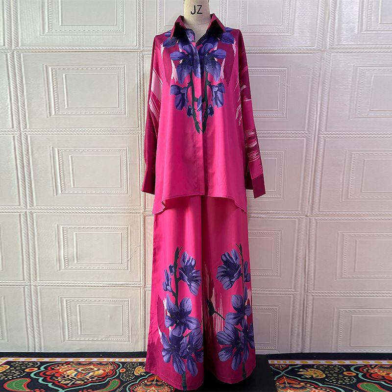 2025 European and American Summer New Ink Painting Positioning Print Long Sleeve Top Wide Leg Pants Fashion Two-piece Set