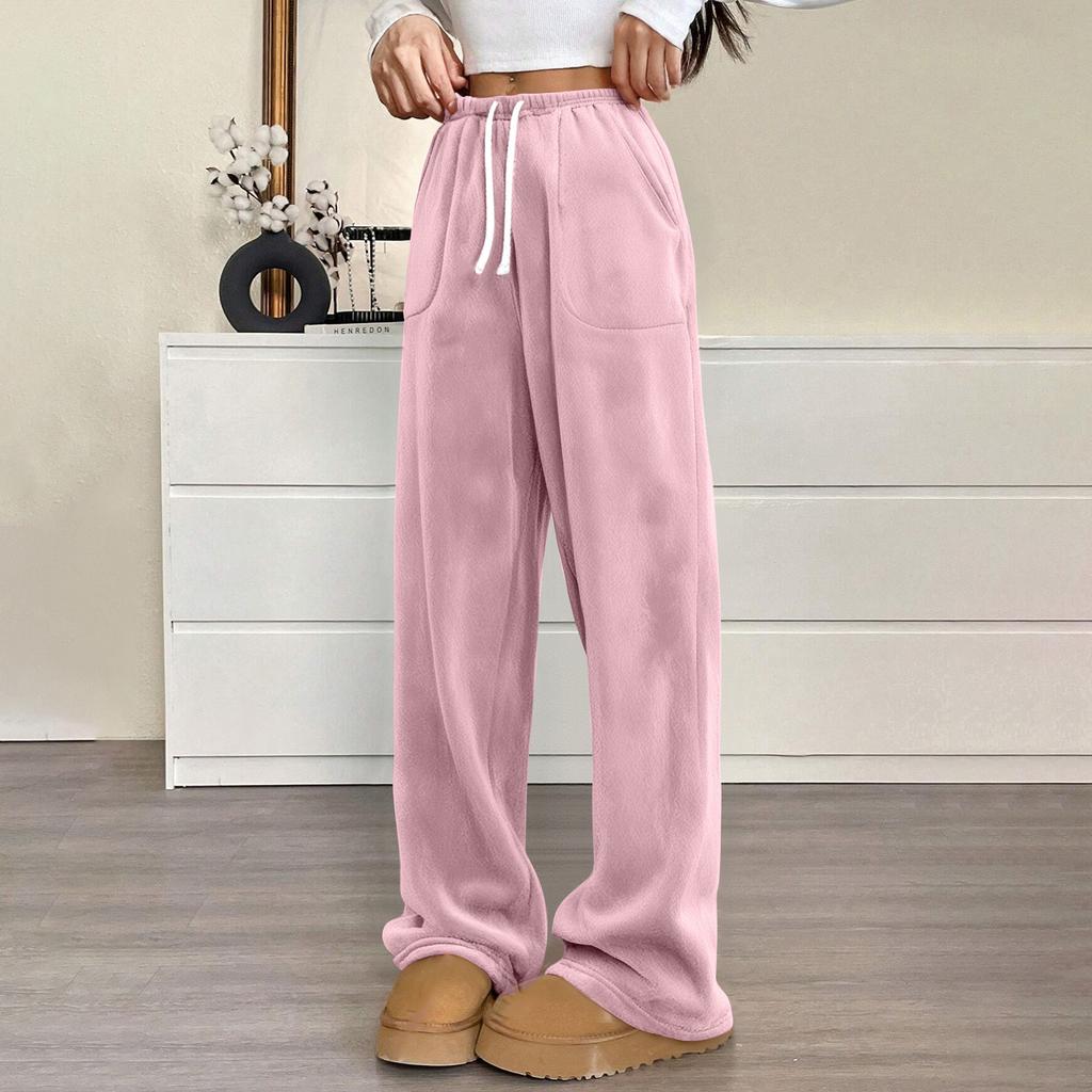 Women Pajama Pants Plush Sleep Pants Soft Elastic Waist Pajama Bottoms Solid Color Pants With 2 Pockets