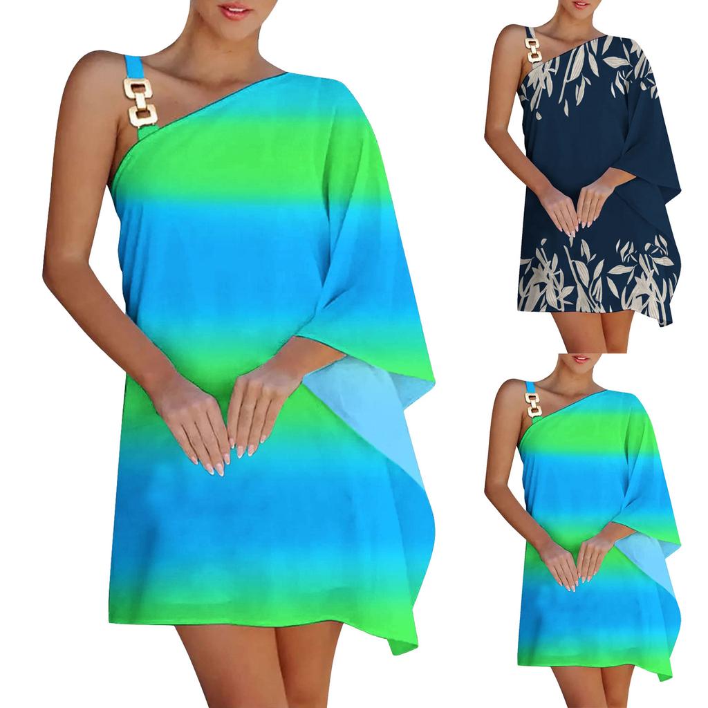 Wish Ladies Printed Chain Strap Half Off-Shoulder Dress
