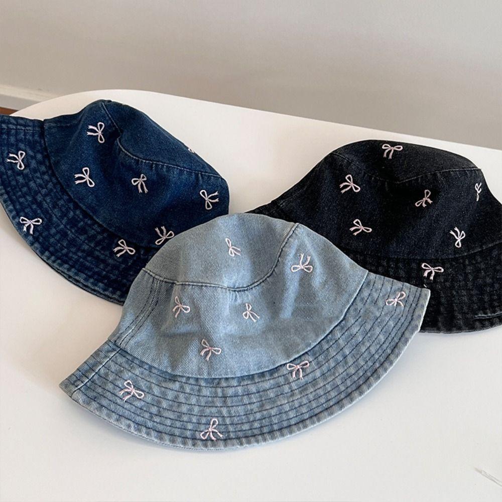 Sunshade Bowknot Cowboy Fisherman Hat Outdoor Covering Basin Hat Y2K Denim Bucket Hat  Women