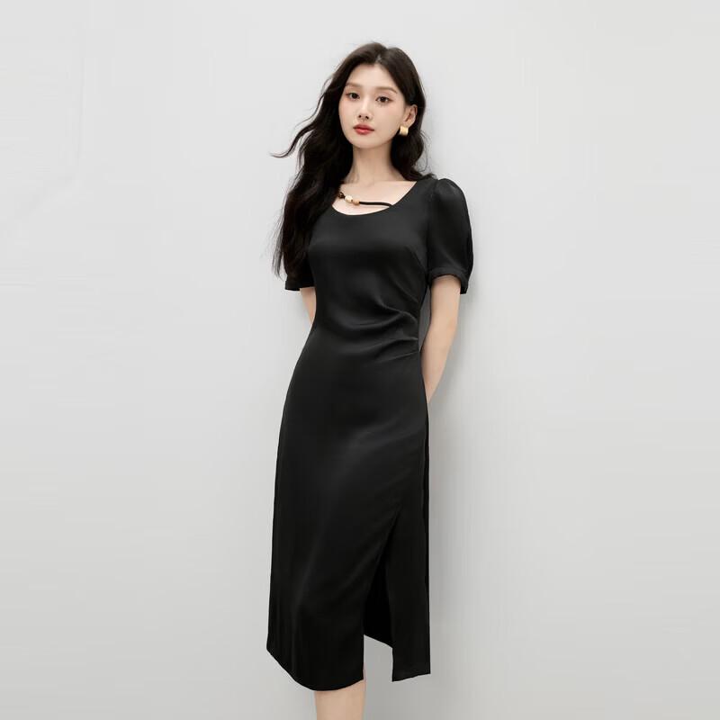 Women s Beaded Round Neck Slit Midi Dress S
