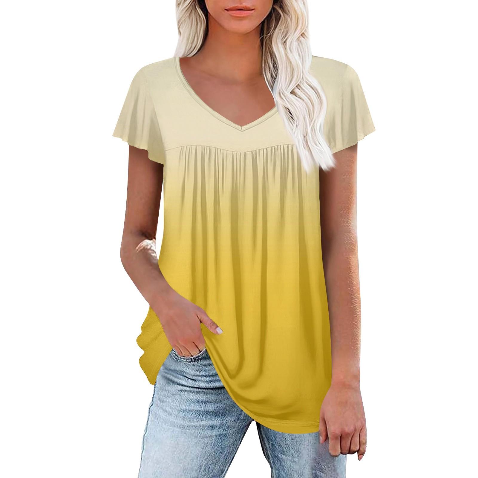 

Женские туники, элегантные повседневные летние рубашки с коротким рукавом, цветочные свободные плиссированные топы в стиле бохо XL жёлтый