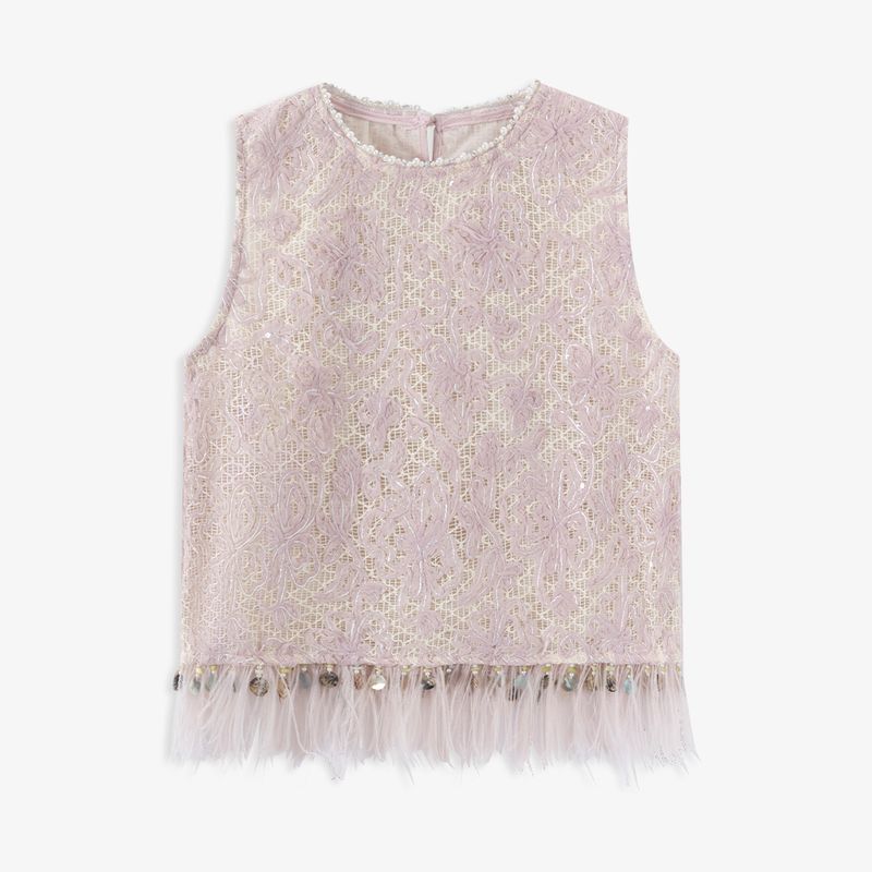 

Aozhi Country Pastil Atmosphere Heavy Industry Feather Decoration Sleeveless Tops + Satin Mid-Length Dress Set SW