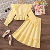 Girls' Big Children's Suit Children's Wear Autumn New Casual Striped V-Neck Lace Long Sleeve Short Top Skirt