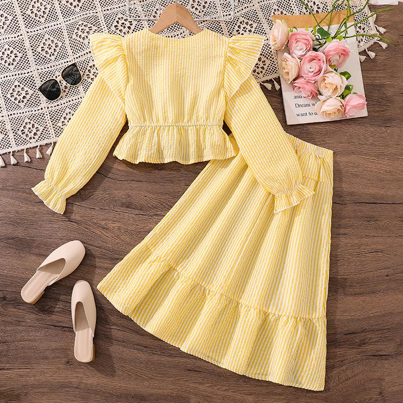 Girls' Big Children's Suit Children's Wear Autumn New Casual Striped V-Neck Lace Long Sleeve Short Top Skirt